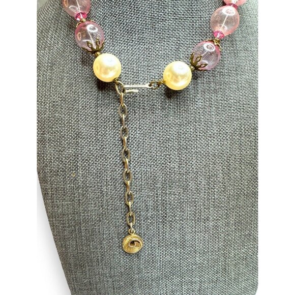 Lisner Faux Pearl Pink Bubble Acrylic Crystal Gold Tone Necklace Earring Set - Picture 3 of 9